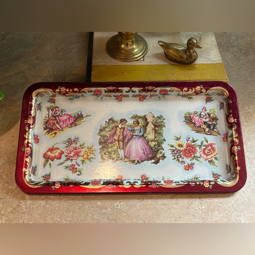 Vintage Daher England Tin Serving Tray Romantic Courting Scene Red Floral 16”